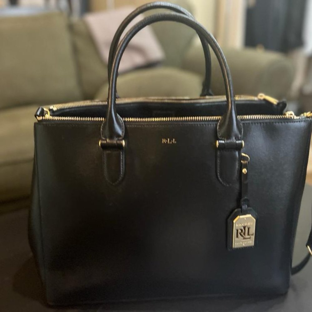 Large Ralph Lauren Leather Tote Hobo Purse Bag Black